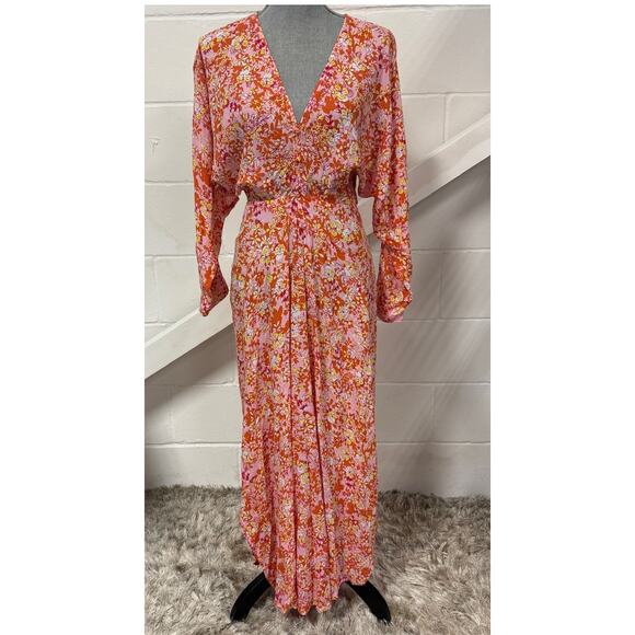 Poupette St Barth Ilona Pink Sweet Bell Floral Long Sleeve Boho Resort Sun Dress - Picture 3 of 11